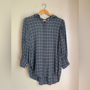 Something Navy Shirt Gray White Plaid Feminine Flannel Peasant Puff Sleeve Top